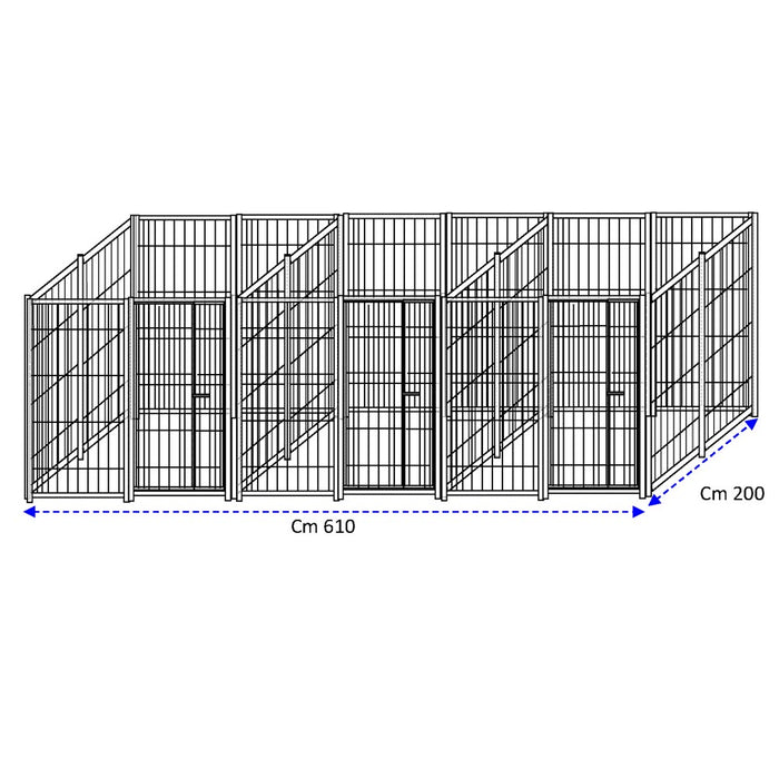 3 box per cani uniti con zincatura a caldo in rete ciascuno da 200x200x altezza 180 cm