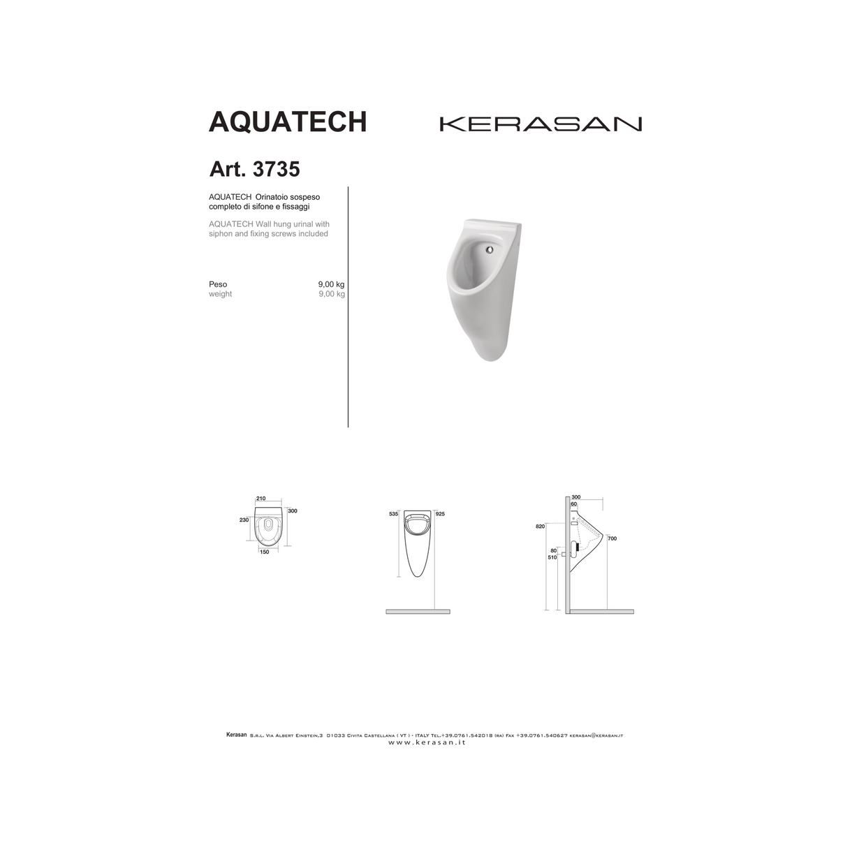 Orinatoio Sospeso Kerasan "Aquatech" Bianco Lucido