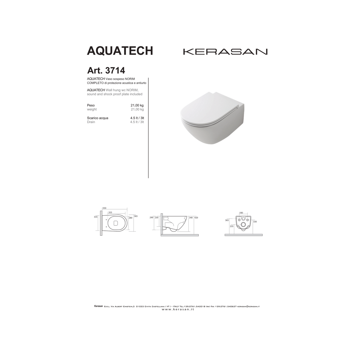 Wc Sospeso Senza Brida Kerasan "Aquatech" Bianco Lucido