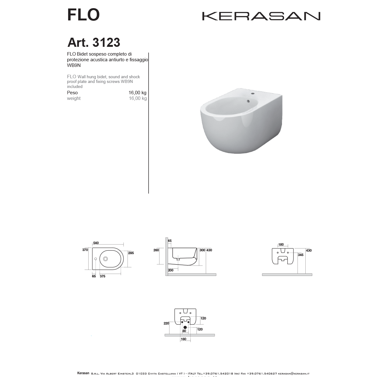 Coppia Di Sanitari Kerasan Sospesi Senza Brida Bianco Opaco "Flo 54"