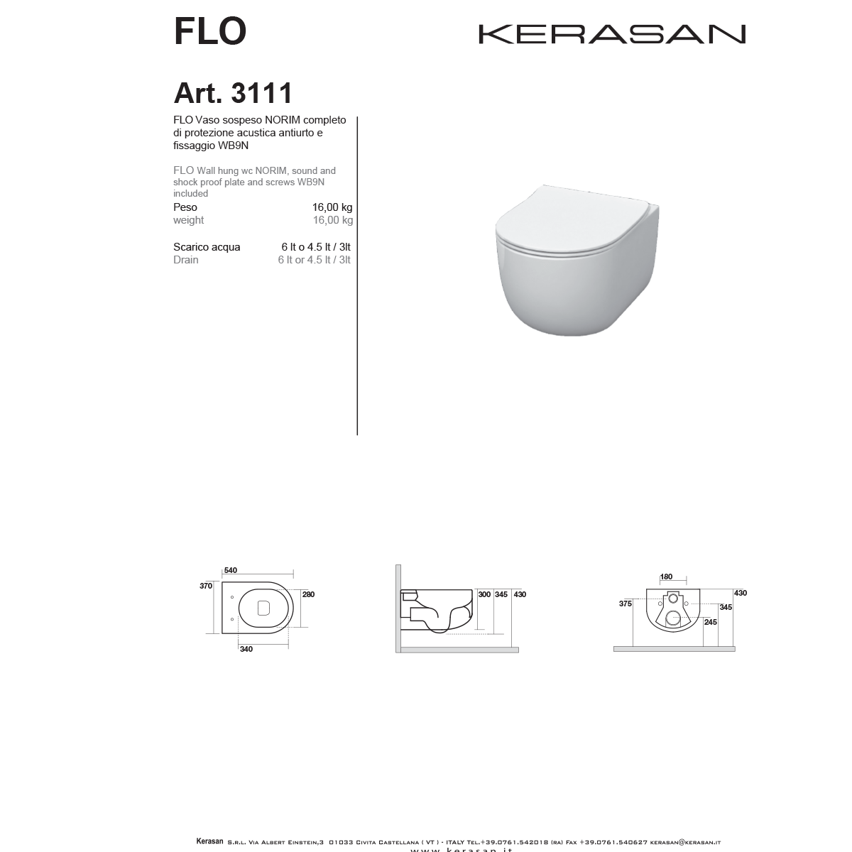 Coppia Di Sanitari Kerasan Sospesi Senza Brida Bianco Opaco "Flo 54"