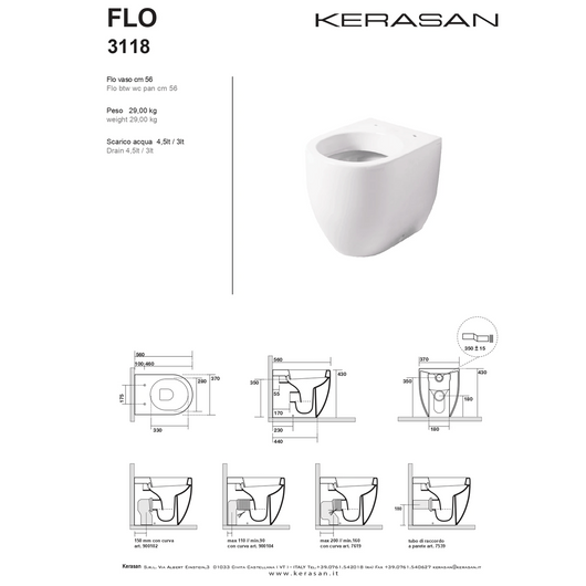 Coppia Di Sanitari Kerasan Da Terra Filo Muro Bianco Lucido "Flo 56"