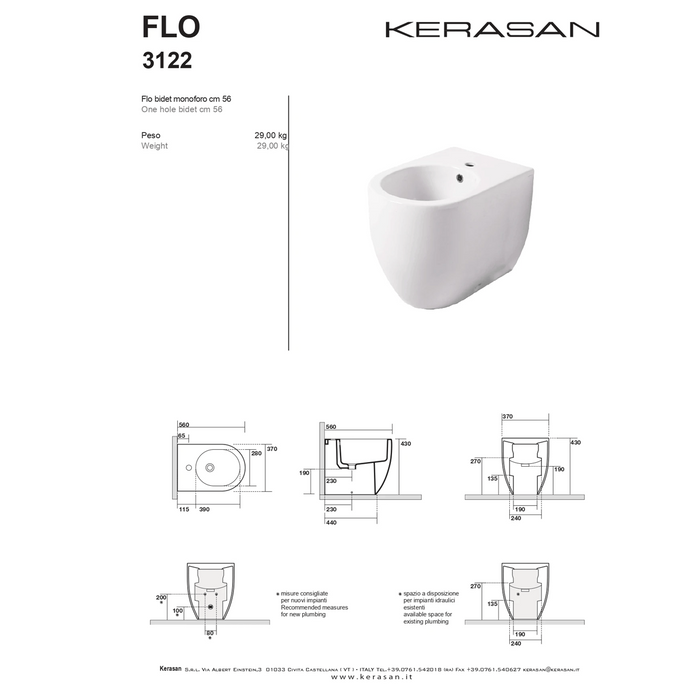 Coppia Di Sanitari Kerasan Da Terra Filo Muro Bianco Lucido "Flo 56"