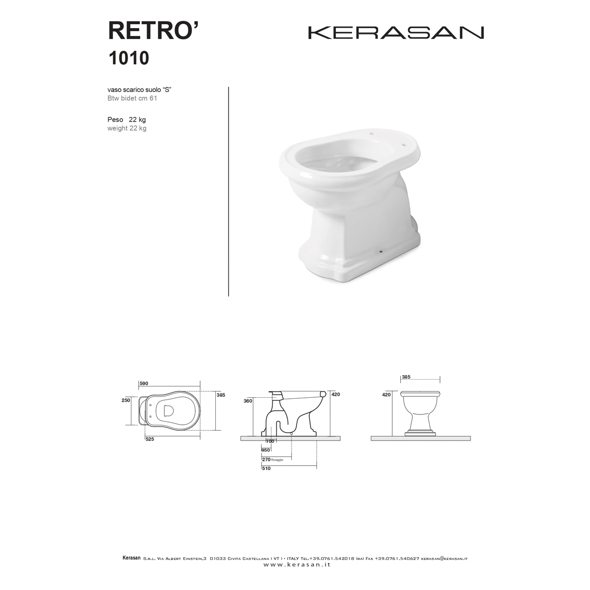Coppia Di Sanitari Tradizionale Kerasan Da Terra Filo Muro Bianco Lucido