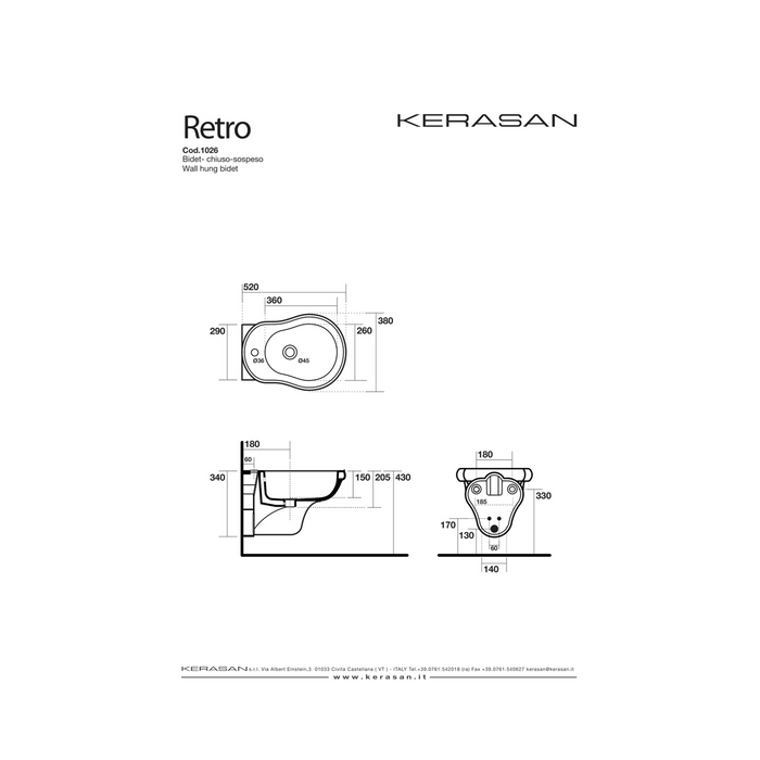 Coppia Di Sanitari Kerasan Sospesi Bianco Lucido "Retrò"