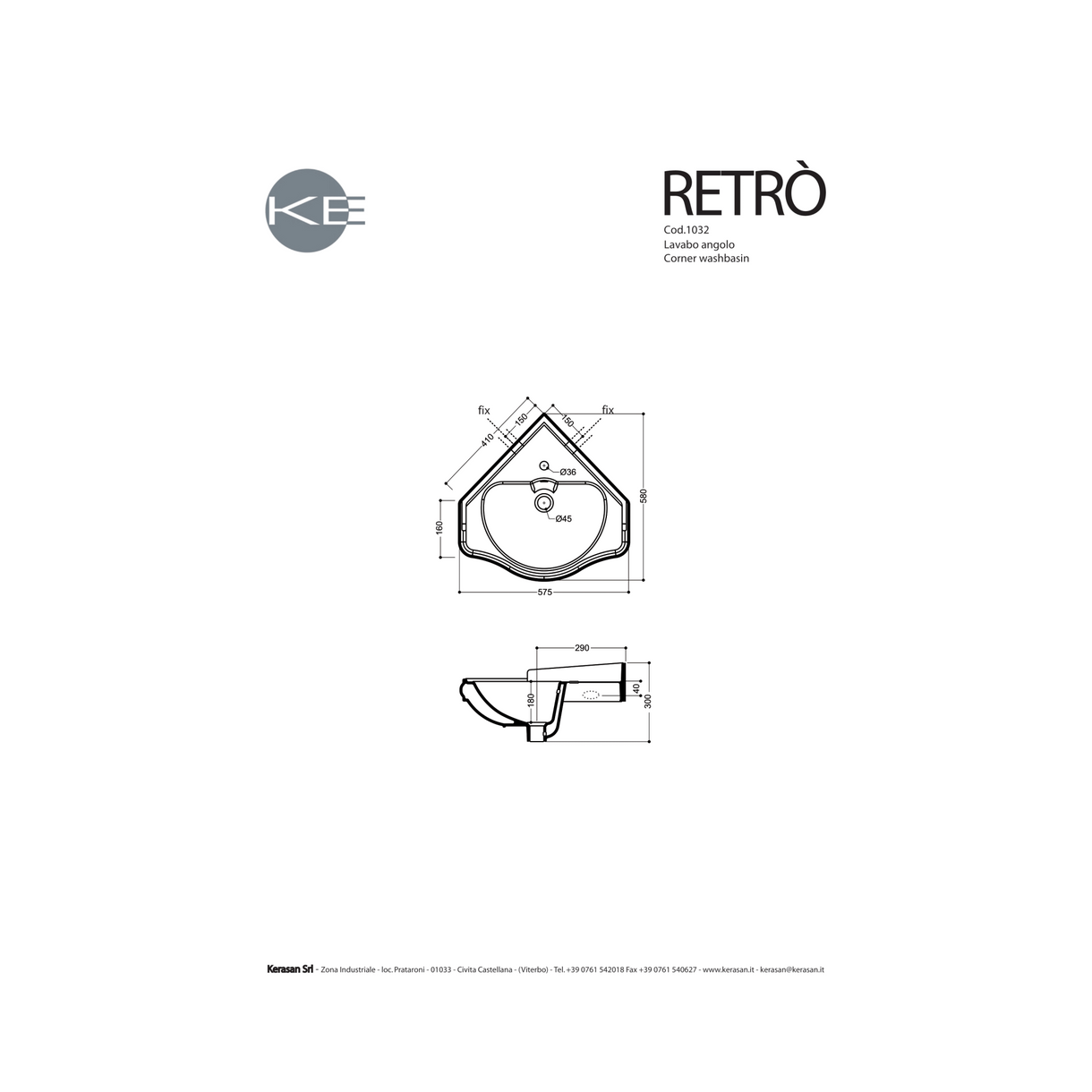 Lavabo Sospeso Angolare Kerasan Da 57x58 Cm Bianco Lucido "Retrò"