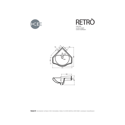 Lavabo Sospeso Angolare Kerasan Da 57x58 Cm Bianco Lucido "Retrò"