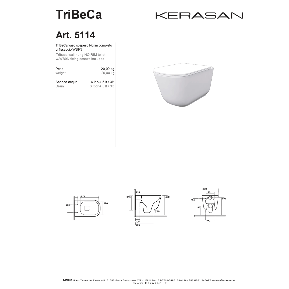 Coppia Di Sanitari Kerasan Sospesi Senza Brida Bianco Lucido "Tribeca"
