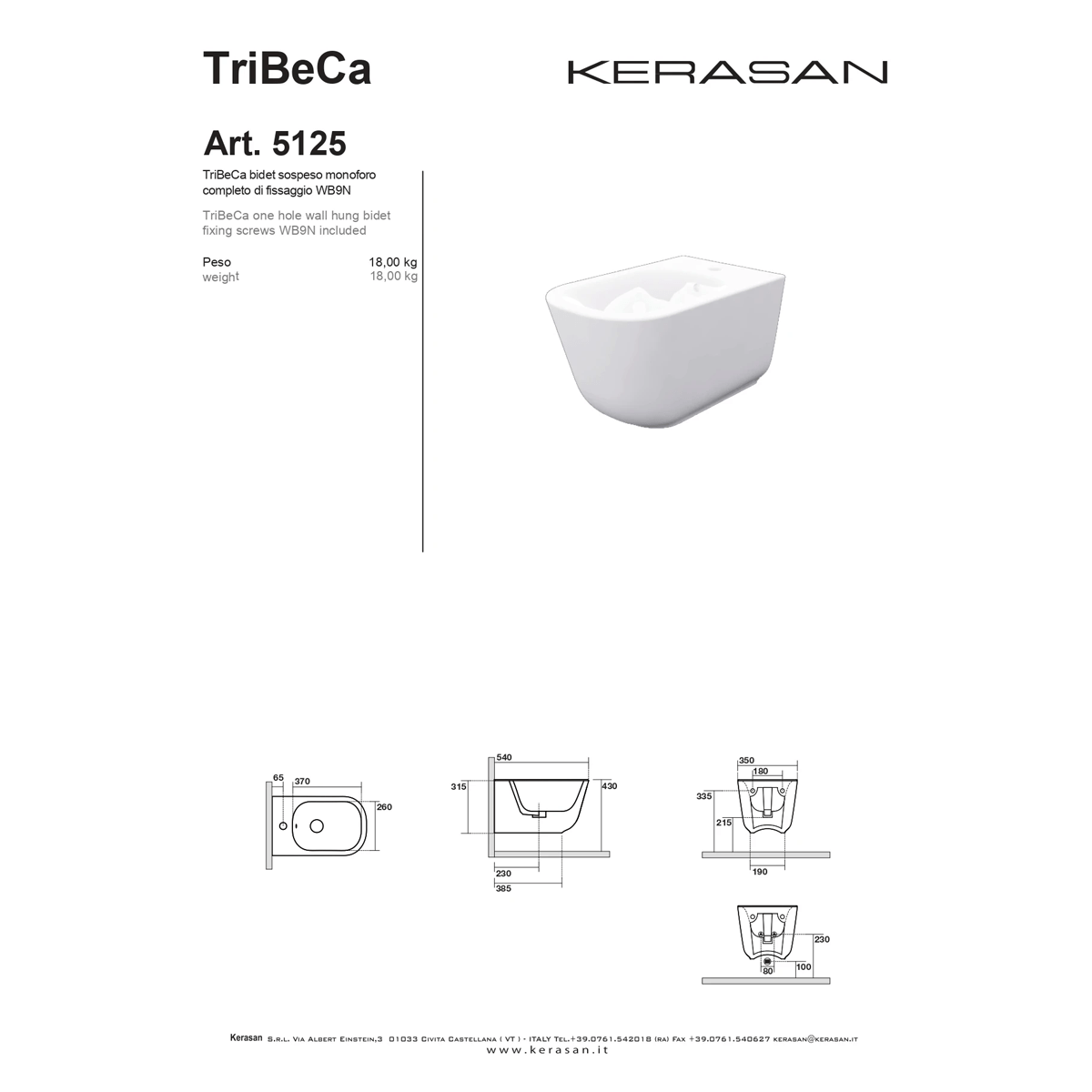 Coppia Di Sanitari Kerasan Sospesi Senza Brida Bianco Lucido "Tribeca"
