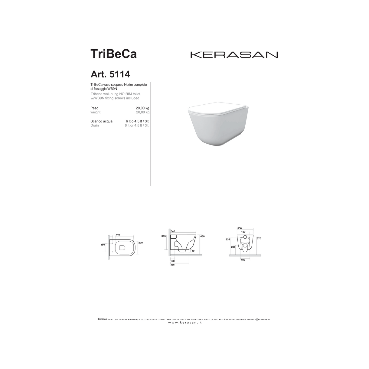 Wc Sospeso Senza Brida Kerasan Bianco Lucido "Tribeca"