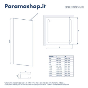 Doccia walk-in 120 cm vetro 8mm anticalcare opaco h200 profili cromo | Keros 