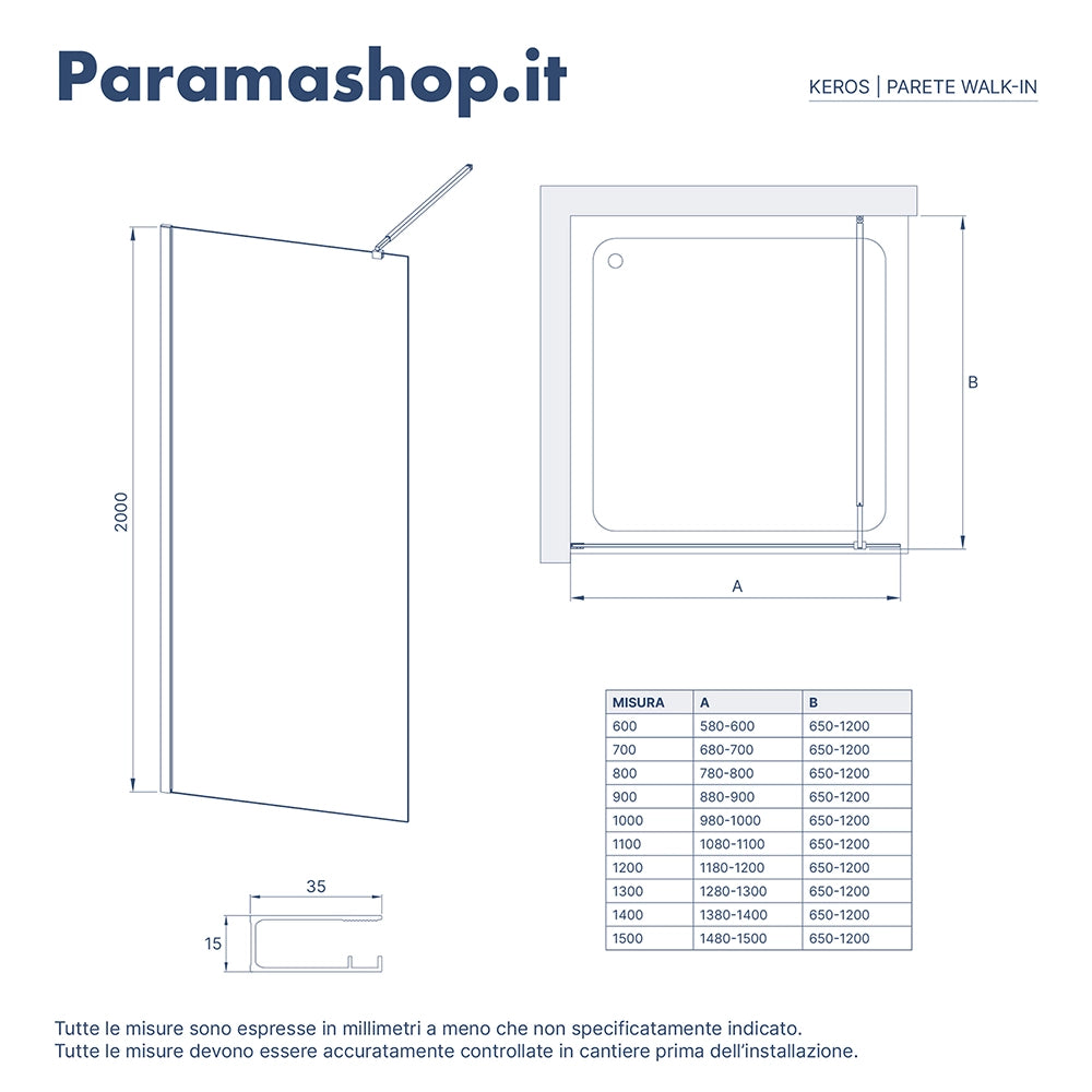 Doccia walk-in 80 cm vetro 8mm anticalcare trasparente h200 profili neri | Keros