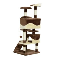 Albero Tiragraffi per Gatti in Peluche e Sisal con Cucce e Pallina 50×50×134.5cm Caffè e Crema