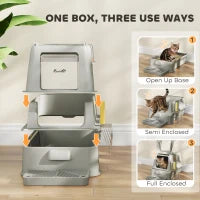 Lettiera per Gatti Chiusa da 80L con Vassoio Estraibile, in ABS e Acciaio Inox, 63x43x43 cm, Grigio Chiaro