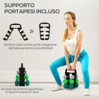 Set 6 Manubri Pesi (2x1 kg, 2x2 kg, 2x3 kg) da 12 kg con Supporto/Kettlebell, in Metallo e Plastica Multicolore