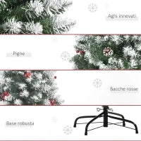 Albero di Natale Innevato Artificiale 180cm con Bacche Rosse e Pigne Bianche, Base Rimovibile Pieghevole, 618 Rami