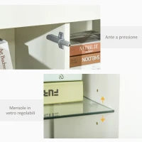 Credenza Moderna a Anta con Luci LED e Mensole in Vetro, Mobile Multiuso in Legno con Finitura Lucida, 97x35x83cm, Bianco