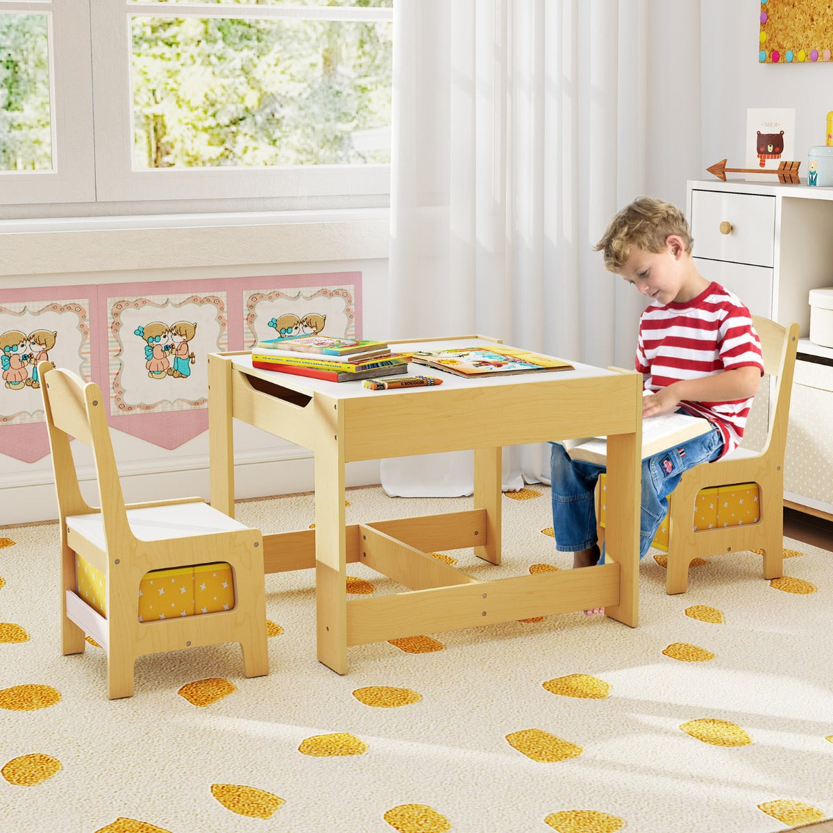 Set tavolo con 2 sedie per bambini in legno, Set di 3 pezzi mobili per bimbi 62x62x48cm Giallo-Tavoli e sedie