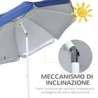 Ombrellone da Spiaggia Inclinabile con Tendine Laterali, in Poliestere e Acciaio, Ø191x211 cm, Blu e Bianco