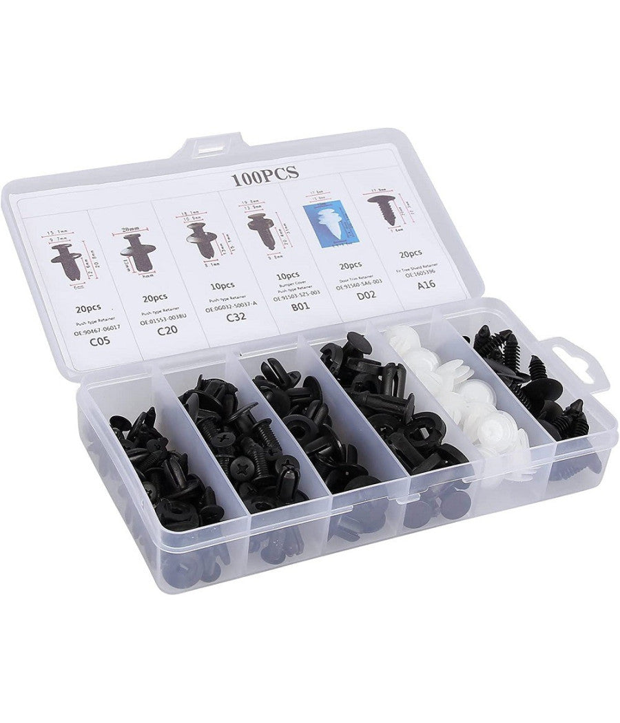 Kit 100pz Rivetti In Plastica Clip Viti Per Interni Auto Pannello Paraurti Porta         