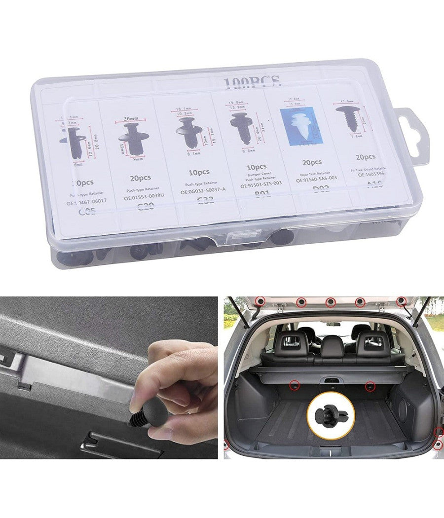 Kit 100pz Rivetti In Plastica Clip Viti Per Interni Auto Pannello Paraurti Porta         