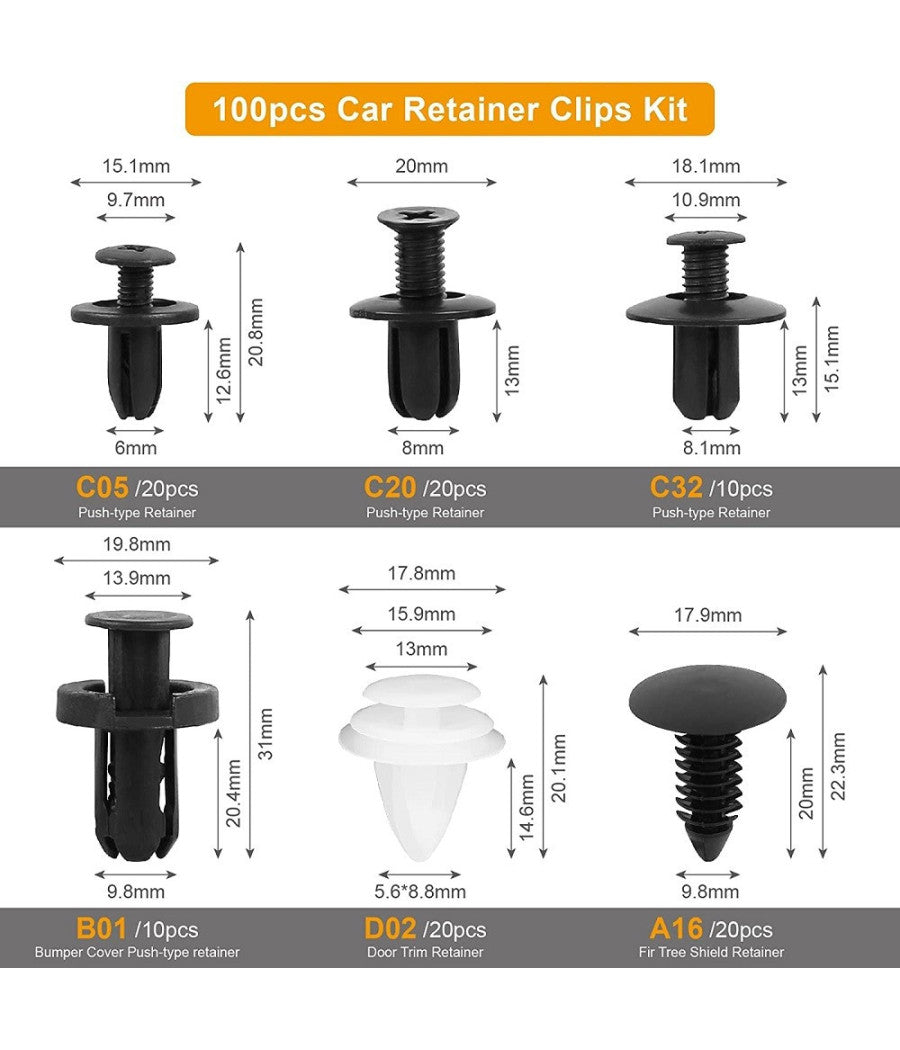 Kit 100pz Rivetti In Plastica Clip Viti Per Interni Auto Pannello Paraurti Porta         