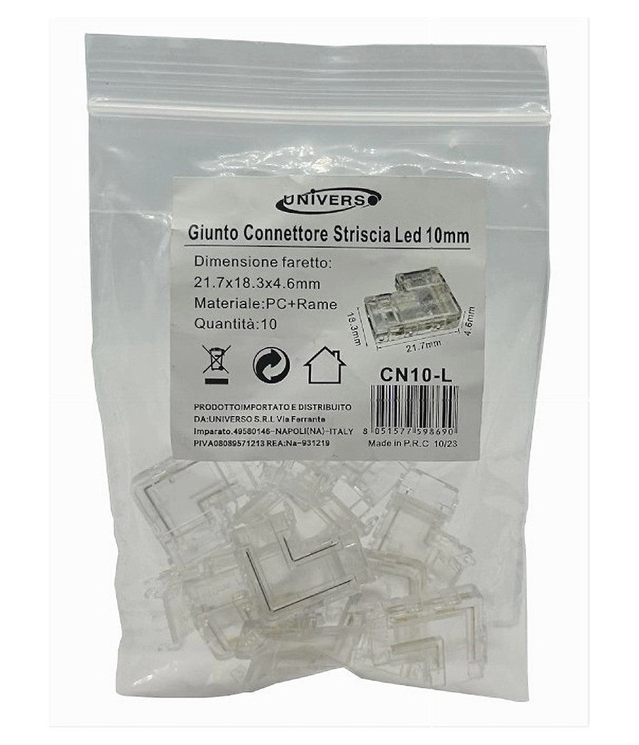 Kit 10pz Connettore Trasparente Angolare Per Strip Led Monocolore 2pin 10mm Cn10-l         