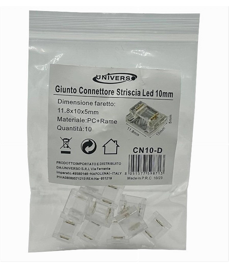 Kit 10pz Connettore Trasparente Lineare Striscia Led Monocolore 2pin 10mm Cn10-d         