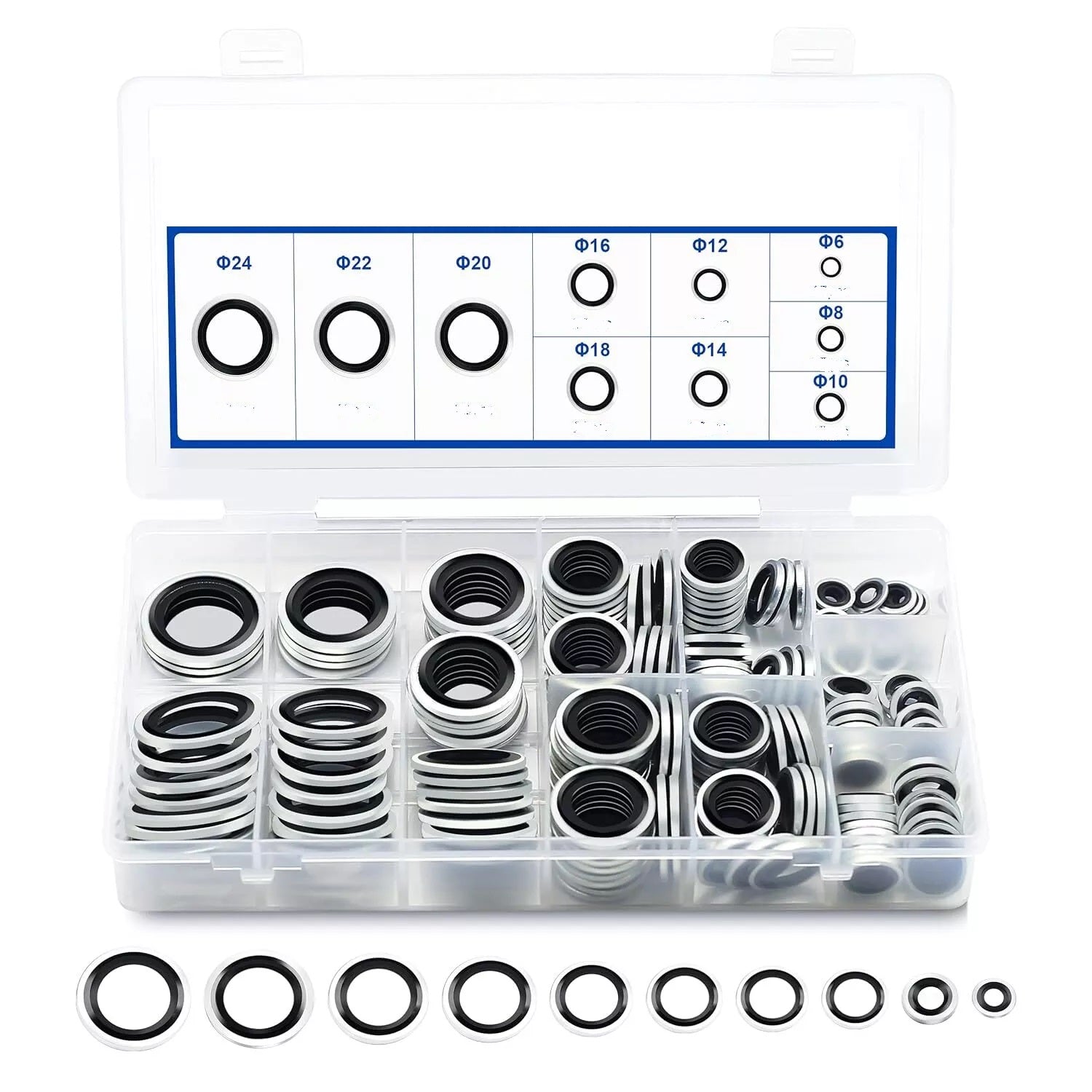 kit 165 RONDELLE GUARNIZIONI METALLO GOMMATO PER TAPPO OLIO MOTORE 10 MISURE