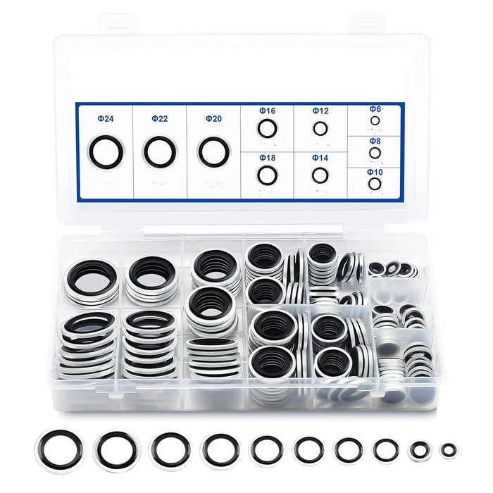 kit 165 RONDELLE GUARNIZIONI METALLO GOMMATO PER TAPPO OLIO MOTORE 10 MISURE