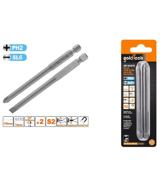 Kit 2 Bits 100mm Gambo 1/4" 6.35mm Punta S2 Magnetica Croce Ph2 Taglio Sl6 57250         