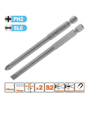 Kit 2 Bits 100mm Gambo 1/4" 6.35mm Punta S2 Magnetica Croce Ph2 Taglio Sl6 57250         