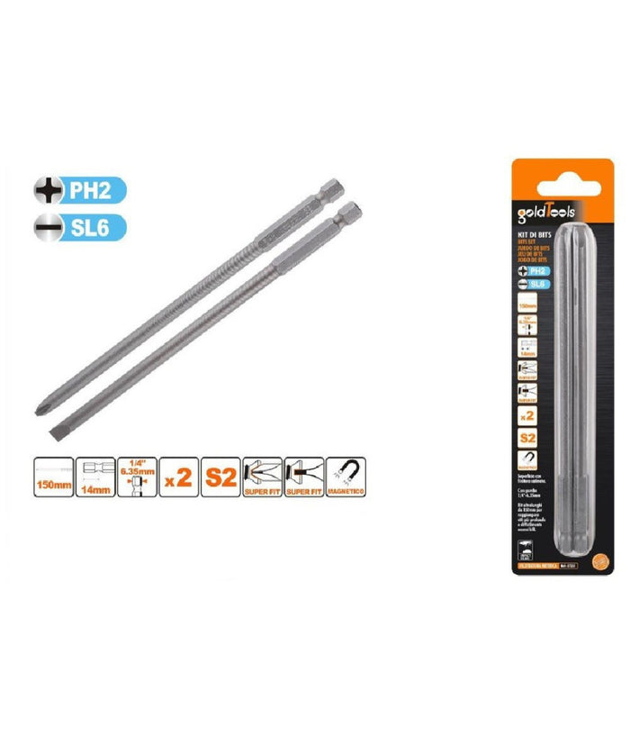 Kit 2 Bits 150mm Gambo 1/4" 6.35mm Punta S2 Magnetica Croce Ph2 Taglio Sl6 57251         