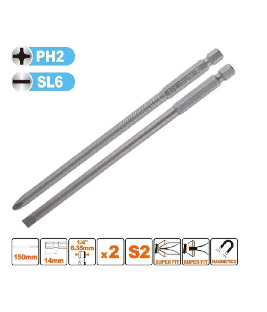 Kit 2 Bits 150mm Gambo 1/4" 6.35mm Punta S2 Magnetica Croce Ph2 Taglio Sl6 57251         