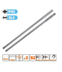 Kit 2 Bits 200mm Gambo 1/4" 6.35mm Punta S2 Magnetica Croce Ph2 Taglio Sl6 57252         