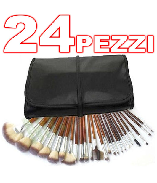 Kit 24 Pennelli Trucco Make Up Pochette Portapennelli In Ecopelle Professionale         