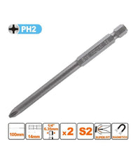 Kit 2pezzi Di Bits Da 100mm Gambo 1/4" 6.35mm S2 Magnetica Croce Testa Ph2 57247         
