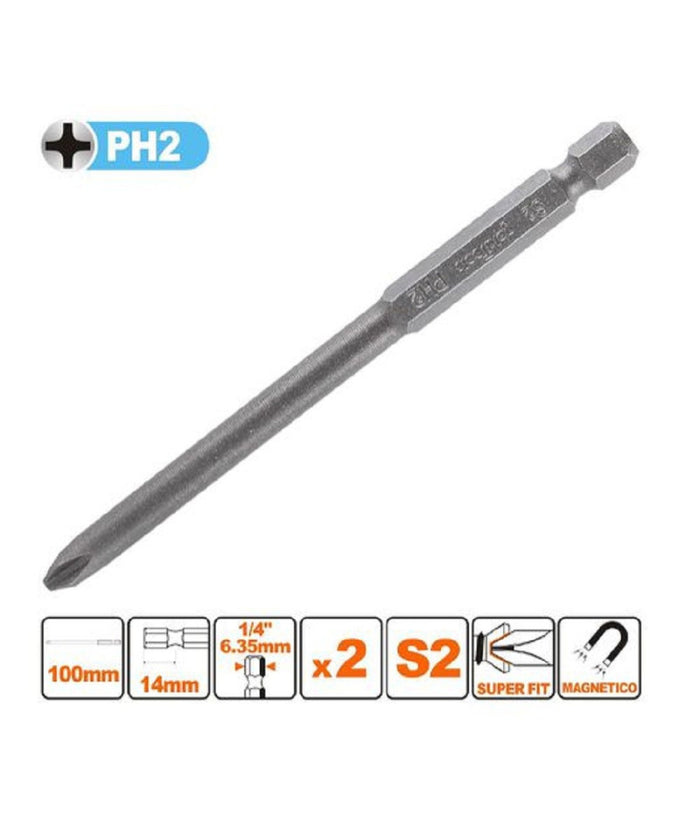 Kit 2pezzi Di Bits Da 100mm Gambo 1/4" 6.35mm S2 Magnetica Croce Testa Ph2 57247         