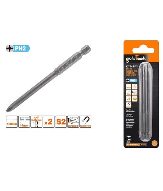 Kit 2pezzi Di Bits Da 100mm Gambo 1/4" 6.35mm S2 Magnetica Croce Testa Ph2 57247         