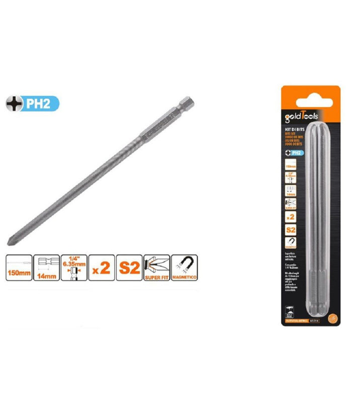 Kit 2pezzi Di Bits Da 150mm Gambo 1/4" 6.35mm S2 Magnetica Croce Testa Ph2 57248         