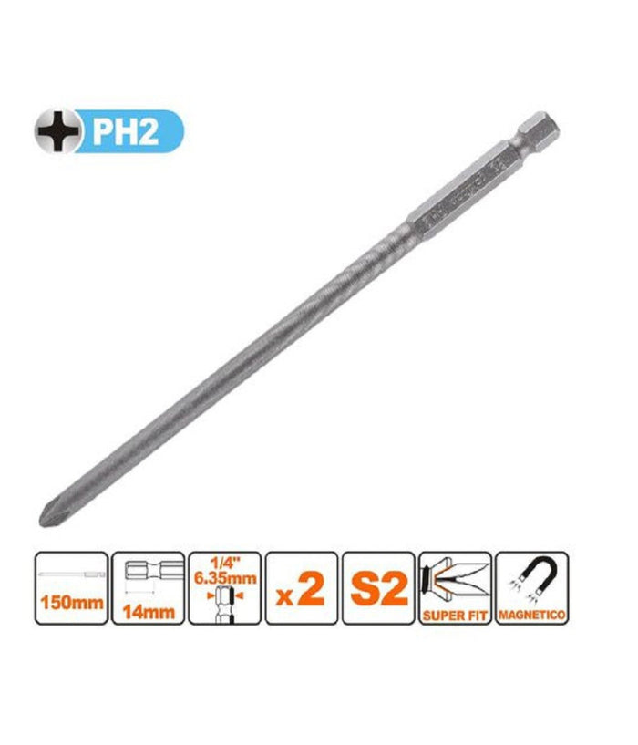 Kit 2pezzi Di Bits Da 150mm Gambo 1/4" 6.35mm S2 Magnetica Croce Testa Ph2 57248         