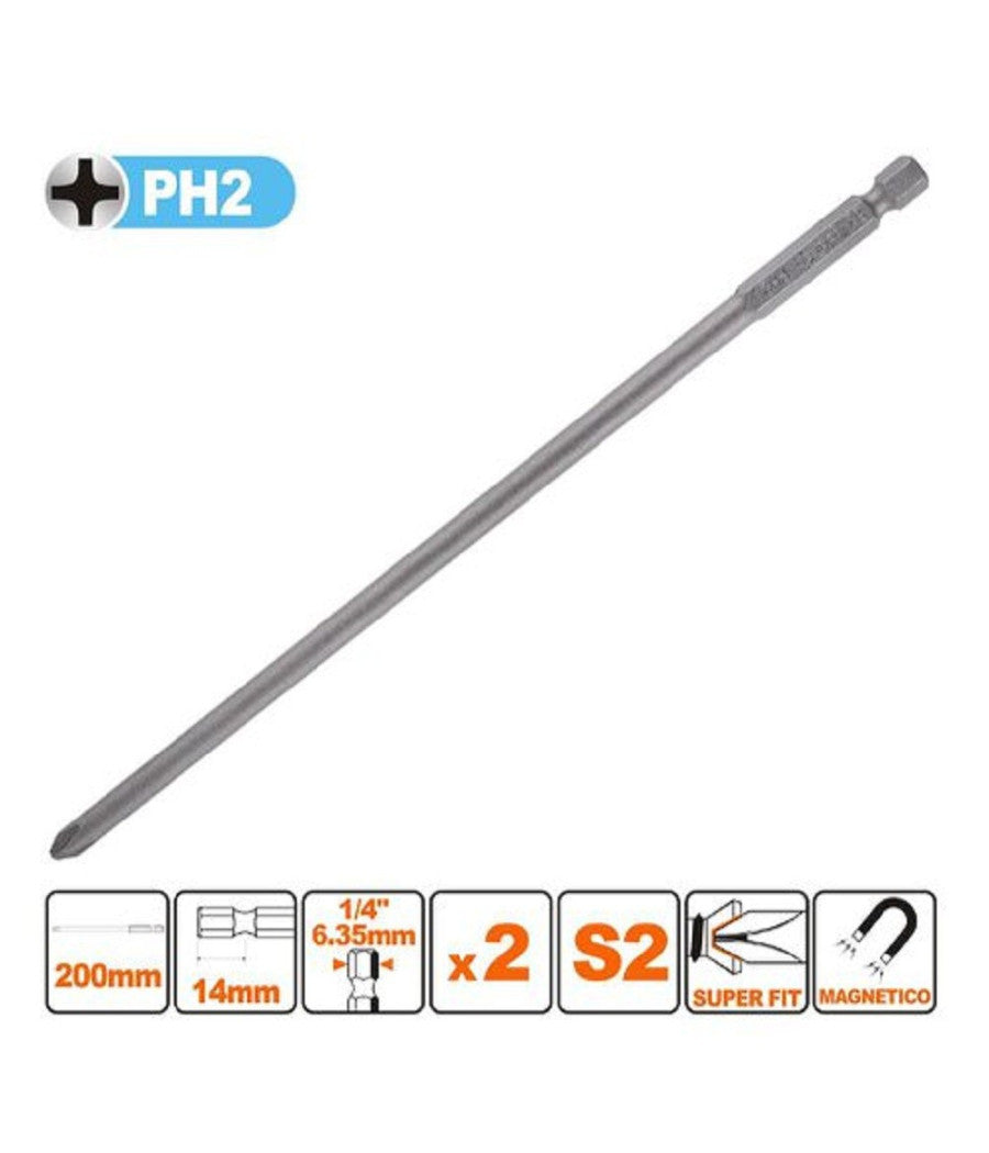 Kit 2pezzi Di Bits Da 200mm Gambo 1/4" 6.35mm S2 Magnetica Croce Testa Ph2 57249         