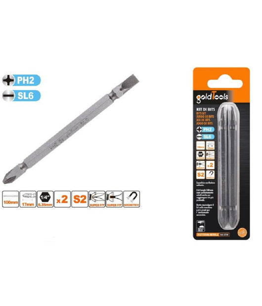 Kit 2pz Di Bits Da 100mm Punte Doppie Inserti Ph2 + Sl6 Punta S2 Magnetica 57244         