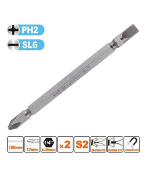 Kit 2pz Di Bits Da 100mm Punte Doppie Inserti Ph2 + Sl6 Punta S2 Magnetica 57244         