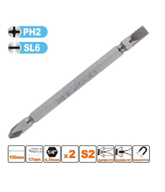 Kit 2pz Di Bits Da 100mm Punte Doppie Inserti Ph2 + Sl6 Punta S2 Magnetica 57244         