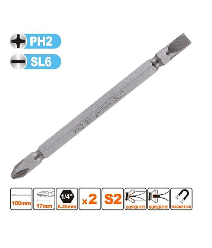 Kit 2pz Di Bits Da 100mm Punte Doppie Inserti Ph2 + Sl6 Punta S2 Magnetica 57244         