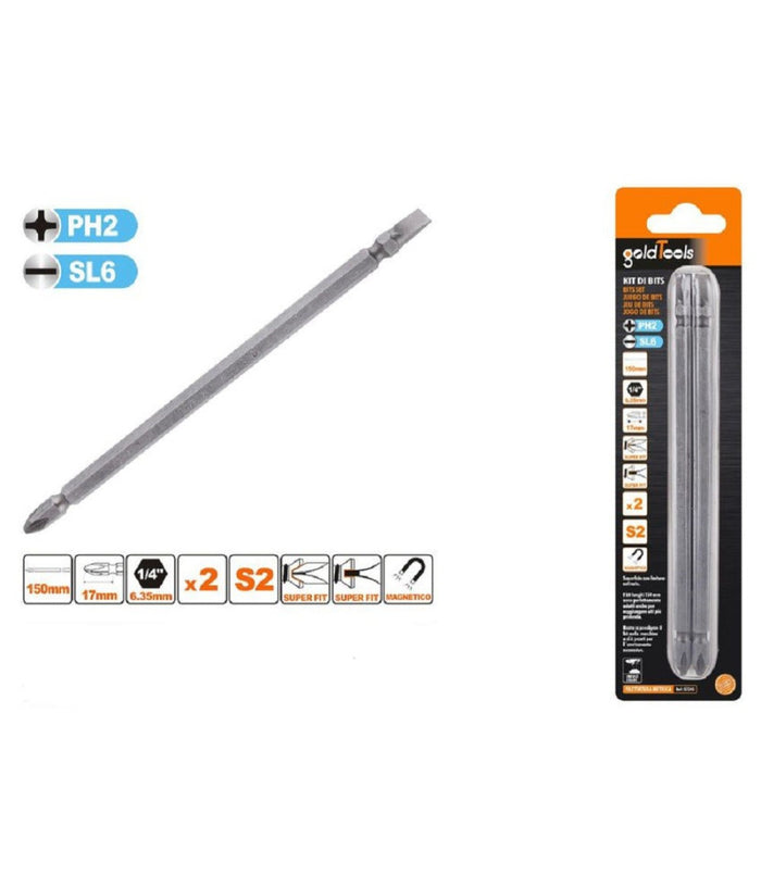 Kit 2pz Di Bits Da 150mm Punte Doppie Inserti Ph2 + Sl6 Punta S2 Magnetica 57245         