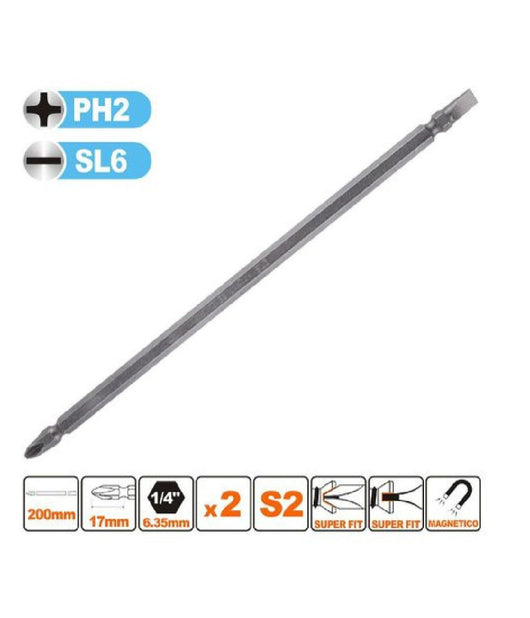 Kit 2pz Di Bits Da 200mm Punte Doppie Inserti Ph2 + Sl6 Punta S2 Magnetica 57246         