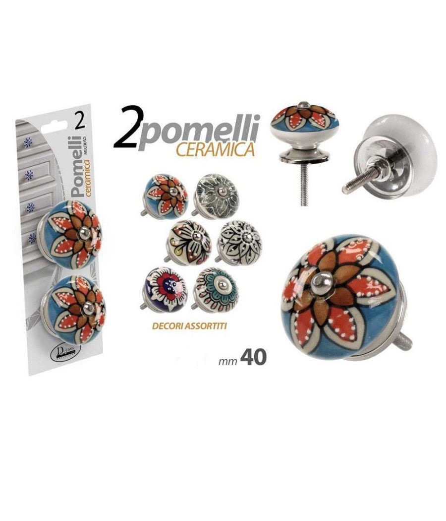 Kit 2pz Pomelli Mobili Cassetti Pomello In Ceramica 40mm Decori Assortiti 843020         