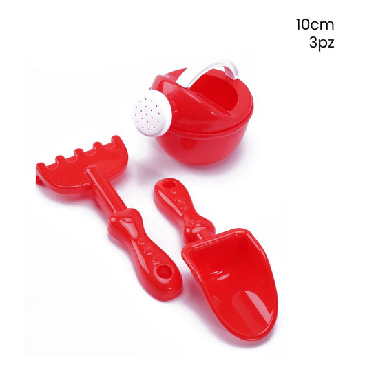 Trade Shop - Kit 3pz Paletta Rastrello Innaffiatoio Spiaggia Mare Giochi Per Bambini 10cm Rosso 258331 -